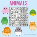 Educational children game. Word search puzzle kids activity. Animals theme. Learning vocabulary