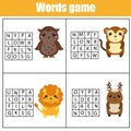 Educational children game. Word search puzzle kids activity. Animals theme. Learning vocabulary