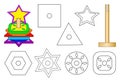 Educational coloring book geometric shapes for preschool children. Wooden multi-colored pyramid with stringing details in the