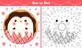 Educational coloring page with dot to dot puzzle for kids with penguin shape sweet donut in cartoon style