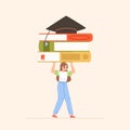 Educational concept with cartoon teenager hold books pile. Young student, school or college study. Self learning, girl Royalty Free Stock Photo