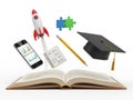 Educational concept with rocket, phone, puzzle, pencil, and graduation cap isolated on white background Royalty Free Stock Photo