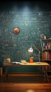 Educational 3D rendering, showcasing a chalkboard with students mathematical brilliance
