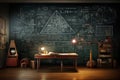 Educational 3D rendering, showcasing a chalkboard with students mathematical brilliance