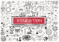 Educational doodles with 3d red transparent frame with the word EDUCATION