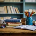 Educational essentials empty desk with school supplies and book stack Royalty Free Stock Photo