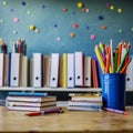 Educational essentials empty desk with school supplies and book stack Royalty Free Stock Photo