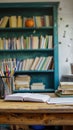 Educational essentials empty desk with school supplies and book stack Royalty Free Stock Photo