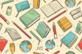 Educational Essentials: Seamless Pattern of School Pencils, Books, and Globes Royalty Free Stock Photo