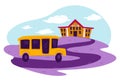 School bus riding down path to building vector