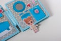 Educational felt book with small wooly details and buttons for little children. Girl in bathroom with bathtube, mirror, sink.