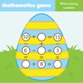 Educational game for children. Complete equations. Study Subtraction and addition. Easter theme mathematics worksheet for kids Royalty Free Stock Photo