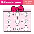 Educational game for children. Complete equations. Study Subtraction and addition. Mathematics worksheet Royalty Free Stock Photo