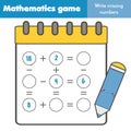 Educational game for children. Complete equations. Study Subtraction and addition. Mathematics worksheet Royalty Free Stock Photo