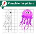 Educational game for children. Copy the picture. Cute jellyfish. Coloring book