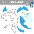 Educational game for children. Cut and glue cartoon shark. Activity worksheet