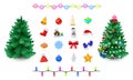 Educational game for children. Decorate spruce, pine with Christmas ornaments as in picture.