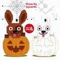 Educational game for children. Draw Halloween by squares. Spider web and spider paint same way again. Paint resulting