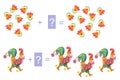 Educational game for children. Examples with cute colorful roosters and flowers.