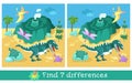 Educational game for children. Find 7 differences. Island with volcano and dinosaurs. Animals in prehistoric period Royalty Free Stock Photo