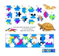 Educational game for children. Find and draw the pieces of puzzle in correct places. Read the word turtle. Page for kids brain