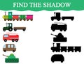 Educational game for children. Find the shadow objects of transport. Train, tractor, minibus, tank.