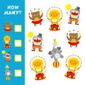 Educational game for children. How many circus characters. Vector calculation activity