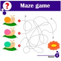 Educational game for children. Labyrinth. Cute colorful snails on a green leaf