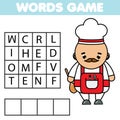 Educational game for children. Learning Job and work theme word search puzzle for kids. Chef profession