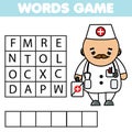 Educational game for children. Learning Job and work theme word search puzzle for kids. Doctor profession