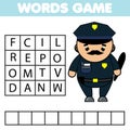 Educational game for children. Learning Job and work theme word search puzzle for kids. Policeman profession