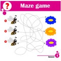 Educational game for children. Maze. A set of cute bees with buckets of honey flying to flowers Royalty Free Stock Photo