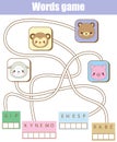 Educational game for children. Word maze activity. Learning vocabulary animals theme