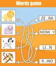 Educational game for children. Word maze activity. Learning vocabulary animals theme