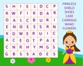 Educational game for children. Word search puzzle kids activity. princess fairy tale theme. learning vocabulary