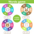 Educational game for children. Word search wheel puzzle kids activity. Learning vocabulary animals theme