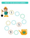 Educational game for children. Write missing numbers. Worksheet activity.