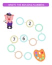 Educational game for children. Write missing numbers. Worksheet activity.