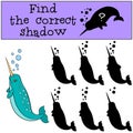 Educational game: Find the correct shadow. Little cute narwhale