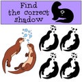 Educational game: Find the correct shadow. Two little cute otters