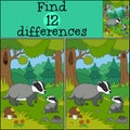 Educational game: Find differences. Mother badger stands with her little cute baby in the forest