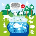 Educational game for kid. Paint silhouettes of animals. Count number of bird animal fish on field in lake and on trees