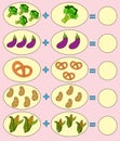 Educational game for kids. Colorful food. Solve math examples for addition. Fold food.
