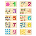 Educational game for kids. Correct version of assembled puzzles. Collection puzzle with numbers and toys. Learning numbers. Royalty Free Stock Photo
