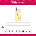Educational game for kids. Crossword. Lemonade. Drink. Guess the word. Education developing worksheet. Activity page