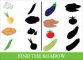 Educational game for kids. Find the correct shadow. Vegetables. Royalty Free Stock Photo