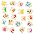 Educational game for kids. Find the right picture for the number. Collection puzzle with numbers and toys.