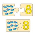 Educational game for kids. Find right picture for number. Puzzle with number eight and toys ships. Puzzle Game, Mosaic Royalty Free Stock Photo