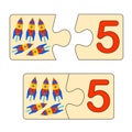 Educational game for kids. Find right picture for number. Puzzle with number five and toys rockets. Puzzle Game, Mosaic Royalty Free Stock Photo