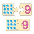 Educational game for kids. Find right picture for number. Puzzle with number nine and toys whales. Puzzle Game, Mosaic Royalty Free Stock Photo